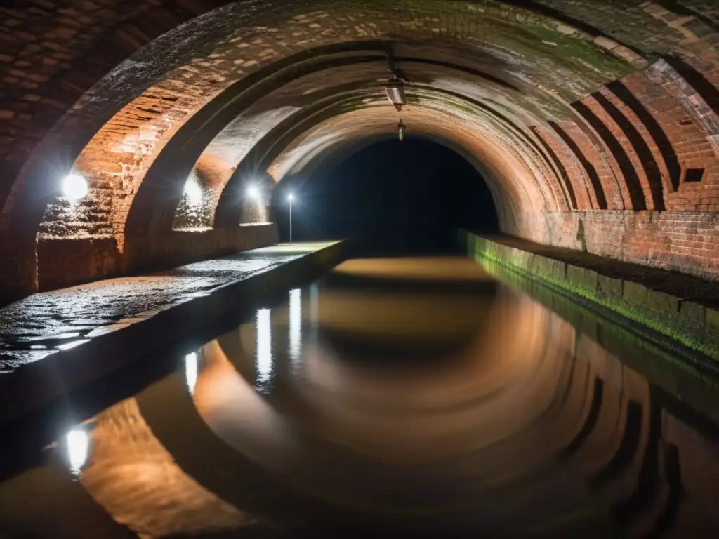 Explorador enfrenta inundaciones en túnel subterráneo, reflejos en agua estancada