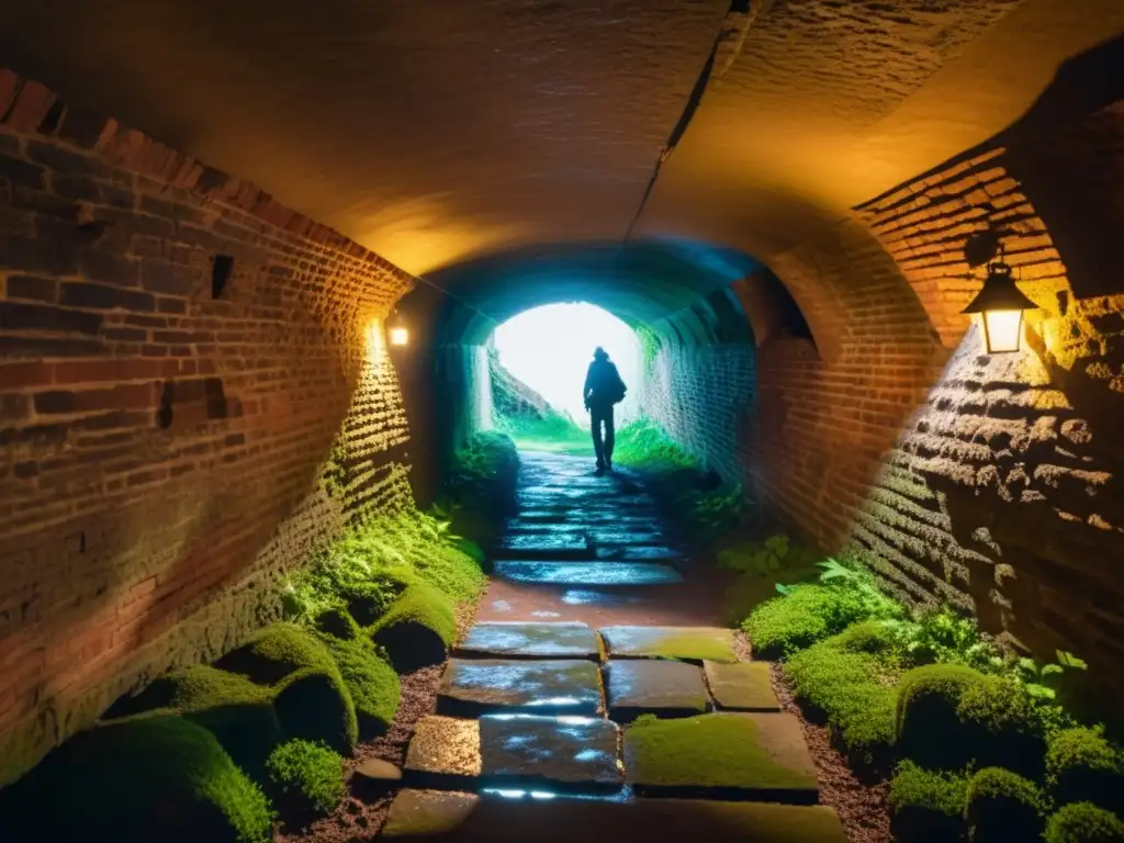 Un explorador ilumina con su linterna un antiguo túnel subterráneo, revelando misteriosas carvings en las paredes de ladrillo cubiertas de musgo