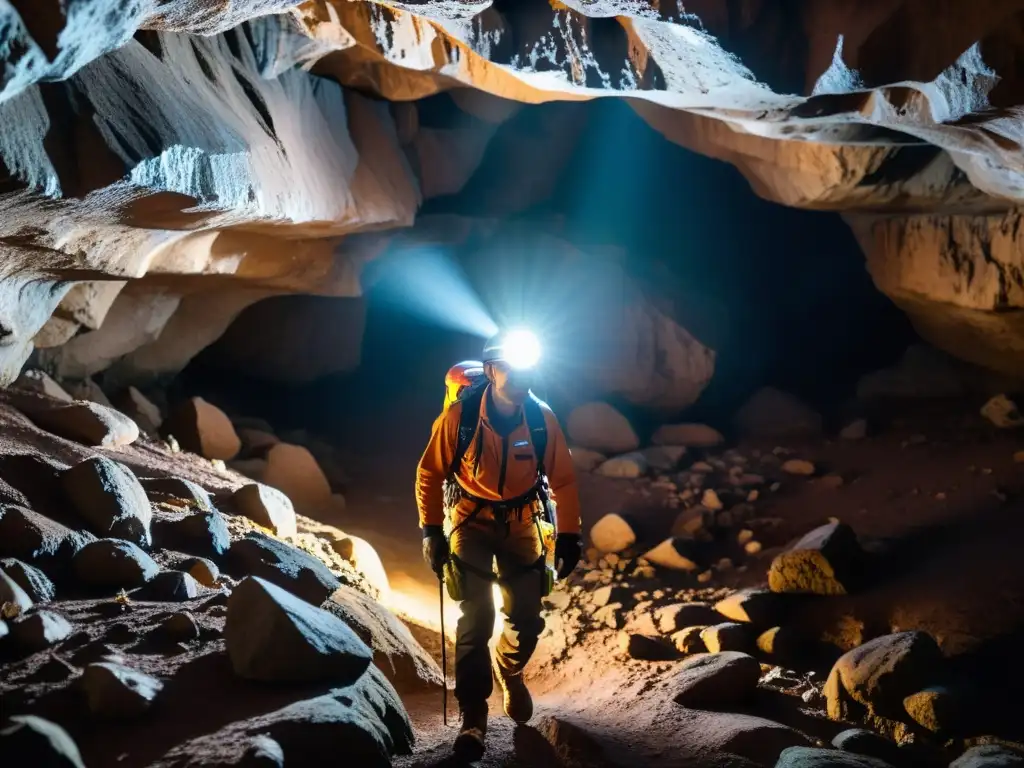 Explorador con linterna en cueva oscura, revelando naturaleza treacherous