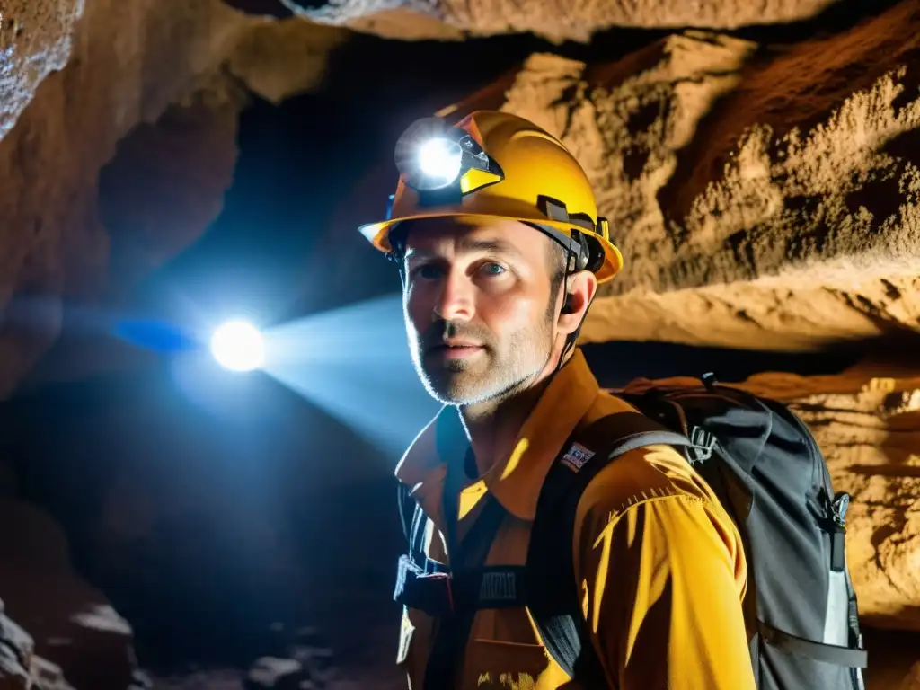 Explorador con linterna en cueva estrecha