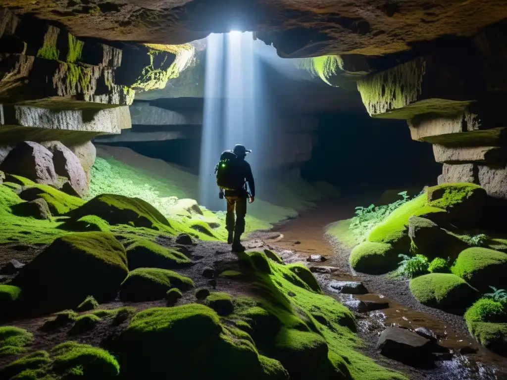 Explorador con linterna adentrándose en la oscuridad de una cámara subterránea, entre ruinas antiguas y muros cubiertos de musgo