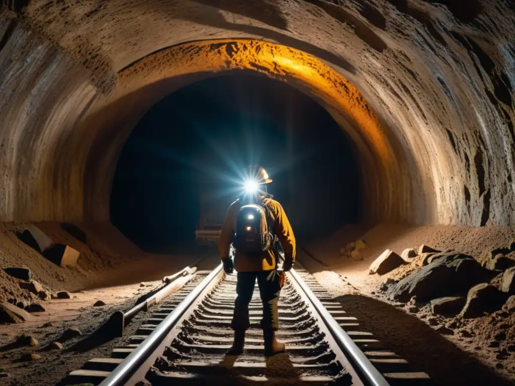 Explorador con linterna y pico en la entrada de una mina oscura con vías de tren oxidadas