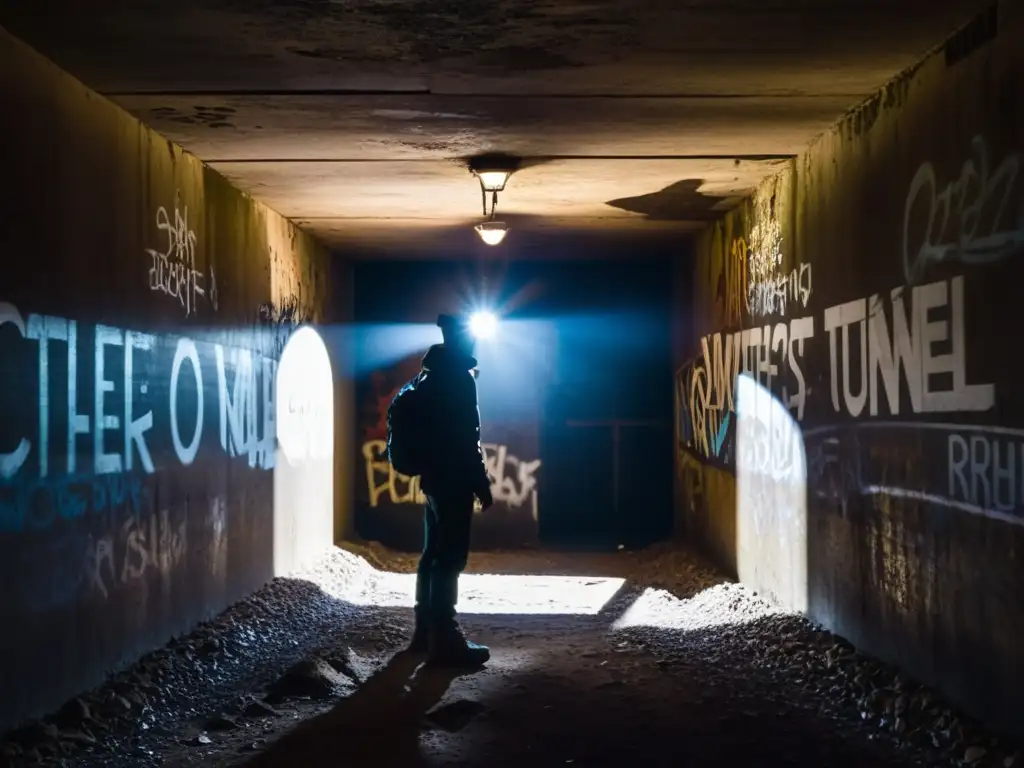 Explorador con linterna en túnel abandonado, desafiando lo desconocido