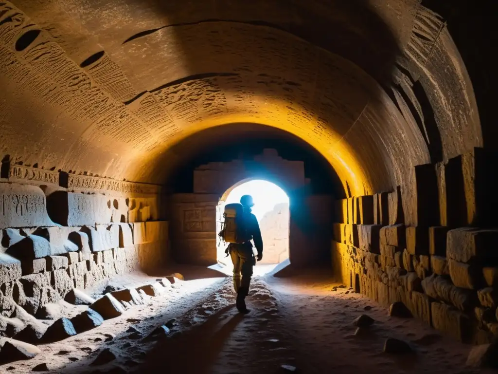 Explorador documentando las maravillas subterráneas en un túnel antiguo y misterioso