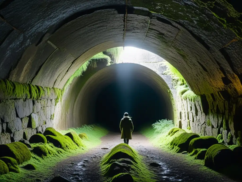 Explorador en rutas históricas subterráneas con AR, iluminando misteriosos túneles de piedra cubiertos de musgo y líquenes