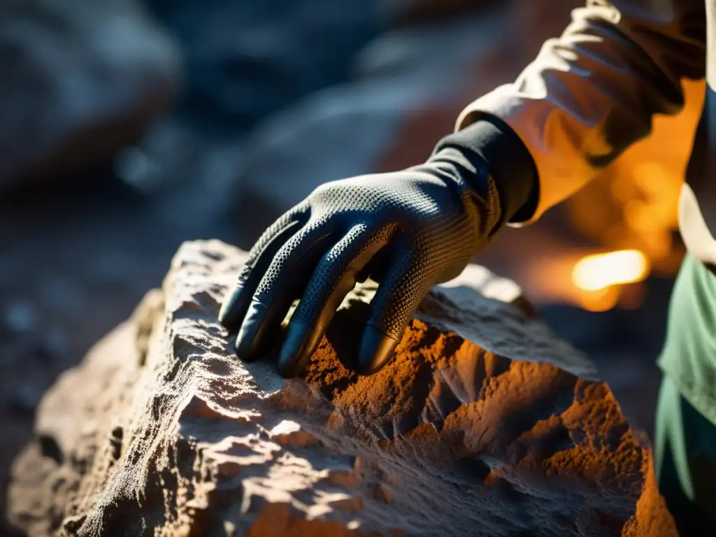 Un explorador seguro y confiado sostiene una roca en una cueva oscura con guantes de protección para exploración