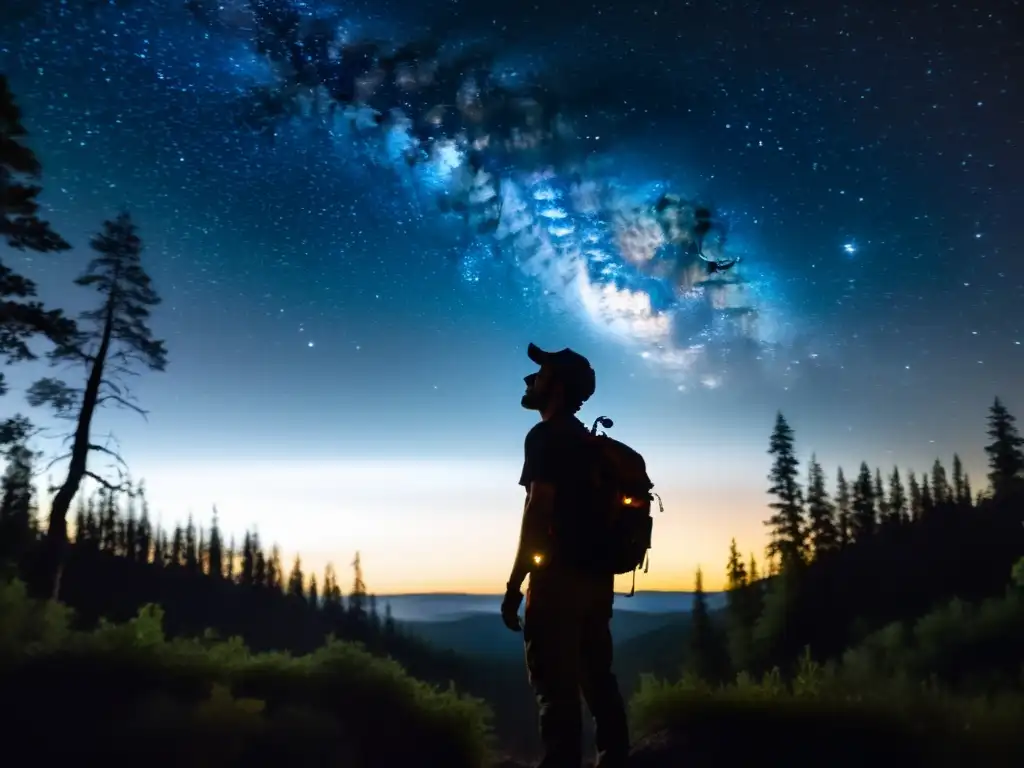 Un explorador solitario se encuentra al borde de un vasto y sombrío bosque, con su linterna iluminando el camino hacia el terreno desconocido