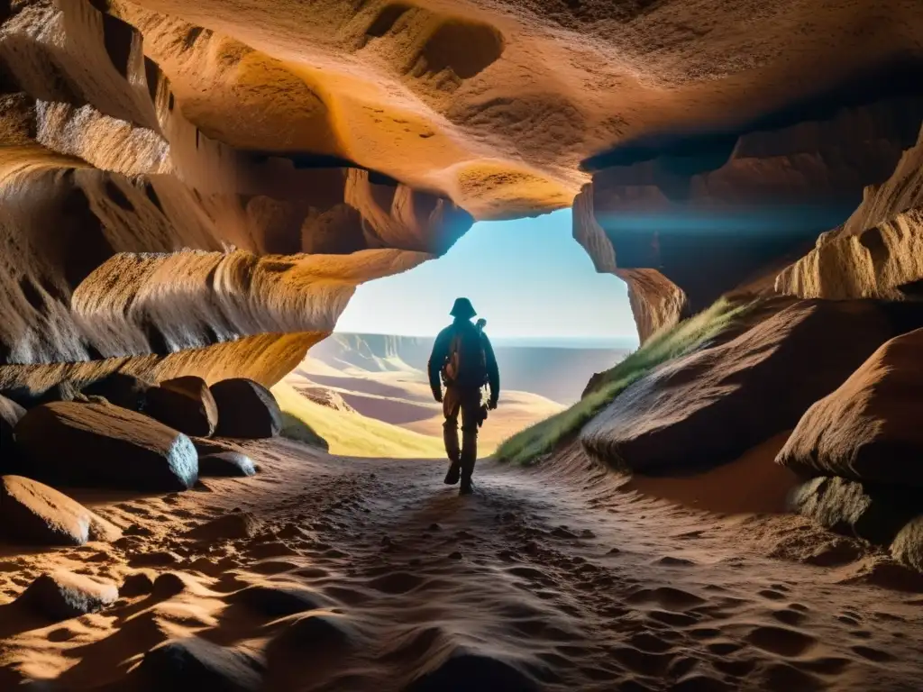 Un explorador solitario se adentra en una cueva subterránea iluminada por una cálida luz, creando una atmósfera misteriosa y hermosa