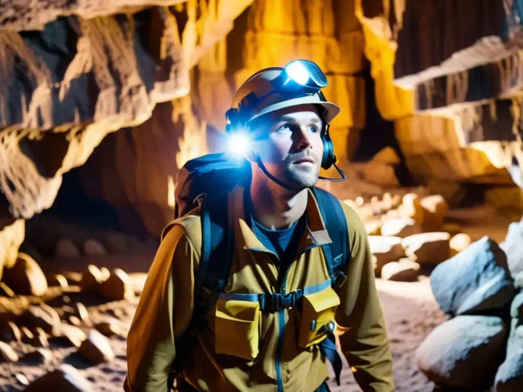 Explorador solitario con equipo de seguridad para exploración solitaria, navegando cuidadosamente por una caverna subterránea iluminada débilmente