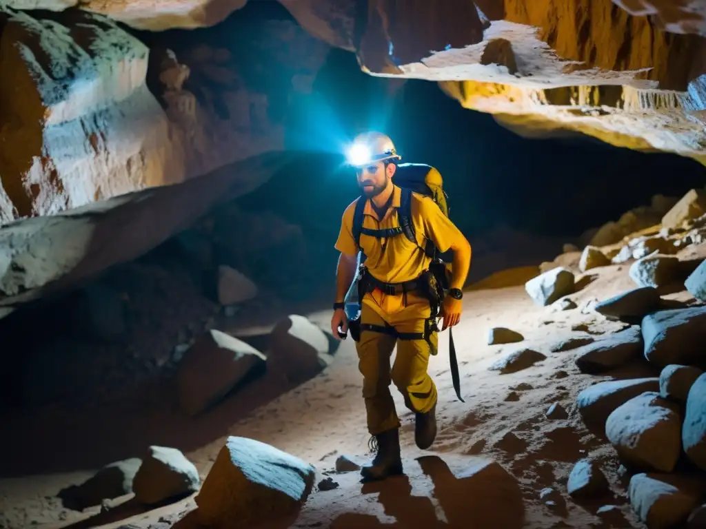 Explorador solitario con equipo de seguridad para exploración subterránea, mostrando determinación y preparación en una cueva misteriosa y aventurera