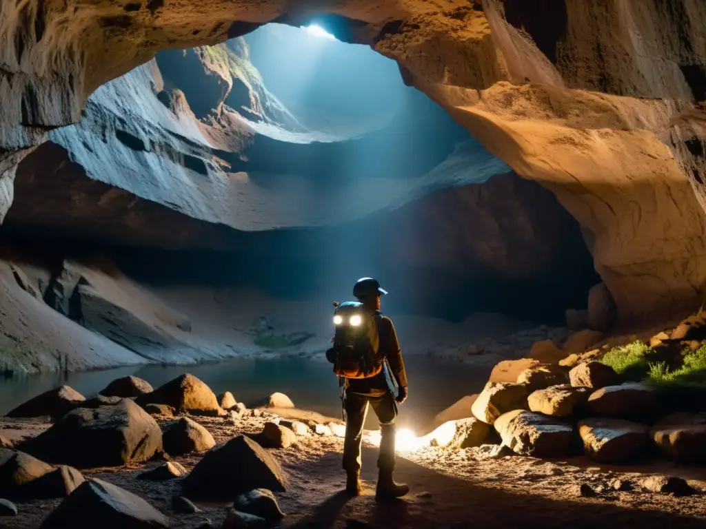 Explorador solitario con equipo de seguridad para exploración solitaria, listo para adentrarse en la misteriosa cueva subterránea