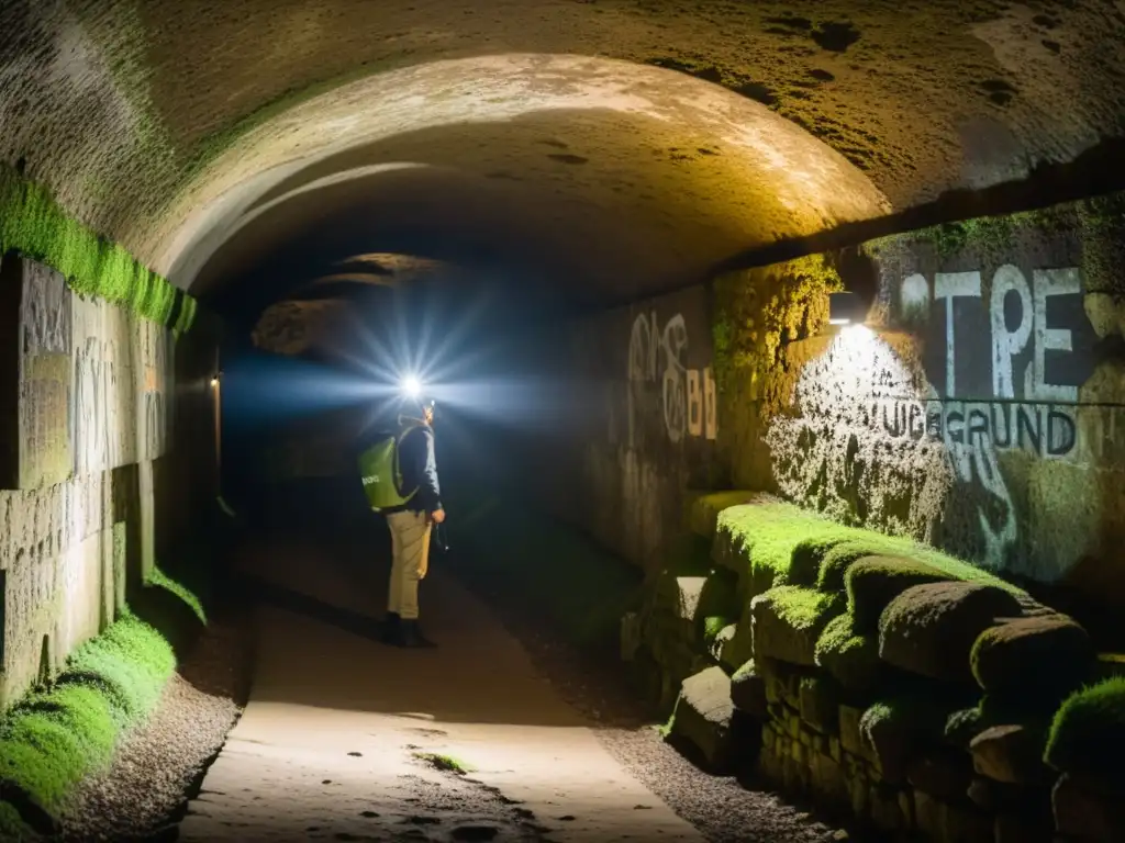 Explorador solitario ilumina túnel subterráneo en París, lleno de graffiti antiguo y misterio