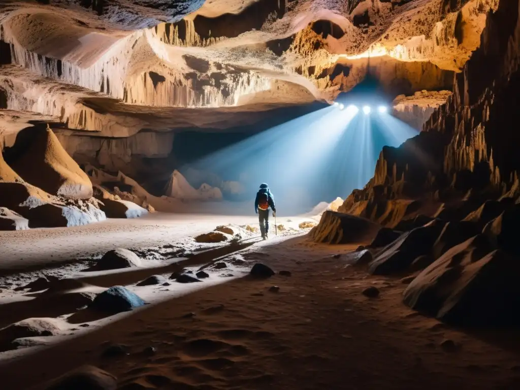 Un explorador solitario iluminado por una linterna en un misterioso y desafiante túnel subterráneo