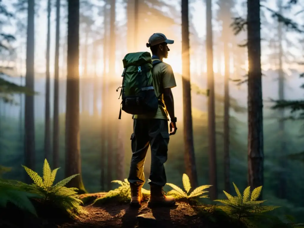 Un explorador solitario iluminado por una linterna de cabeza, adentrándose en un denso bosque