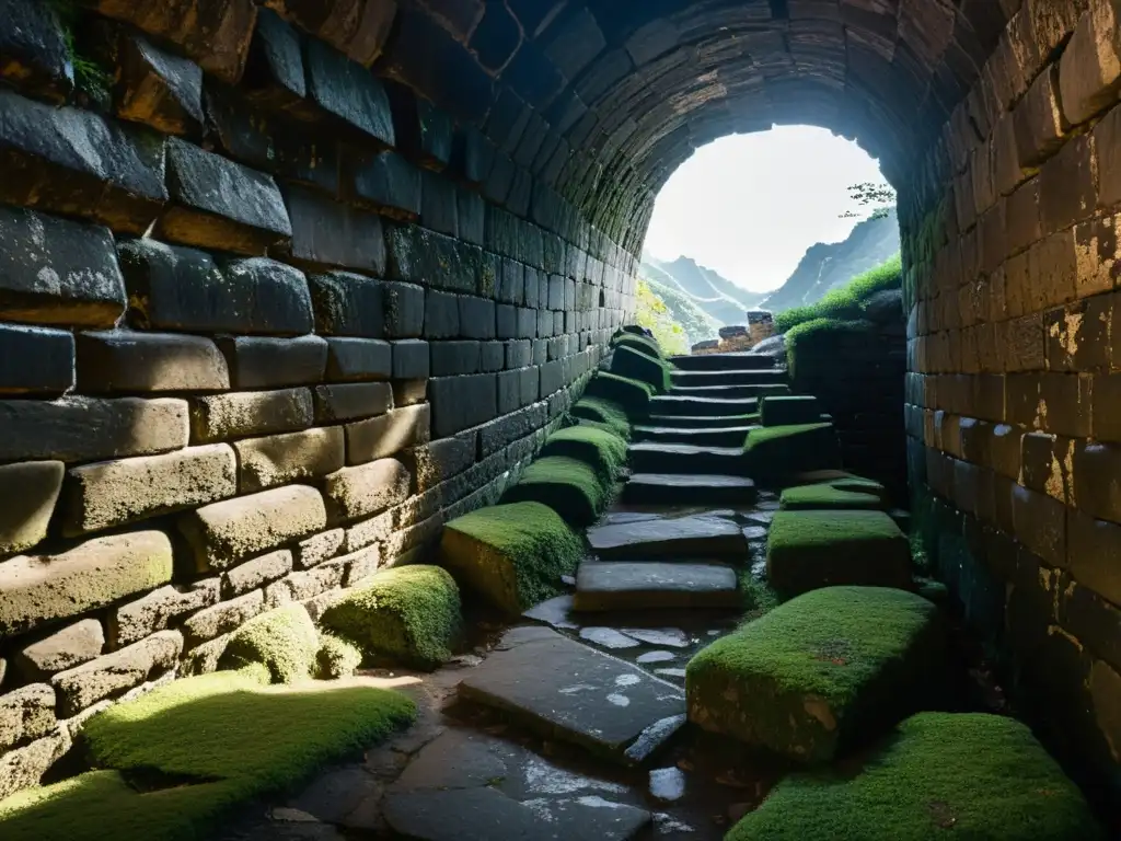 Un explorador solitario con linterna en un antiguo túnel de la Gran Muralla China, con paredes de piedra cubiertas de musgo