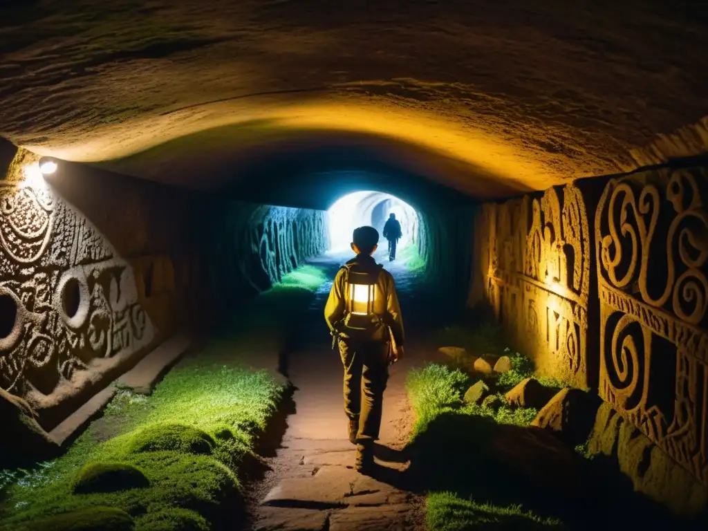 Explorador solitario con linterna en misterioso túnel subterráneo, evocando videojuegos de exploración túneles secretos