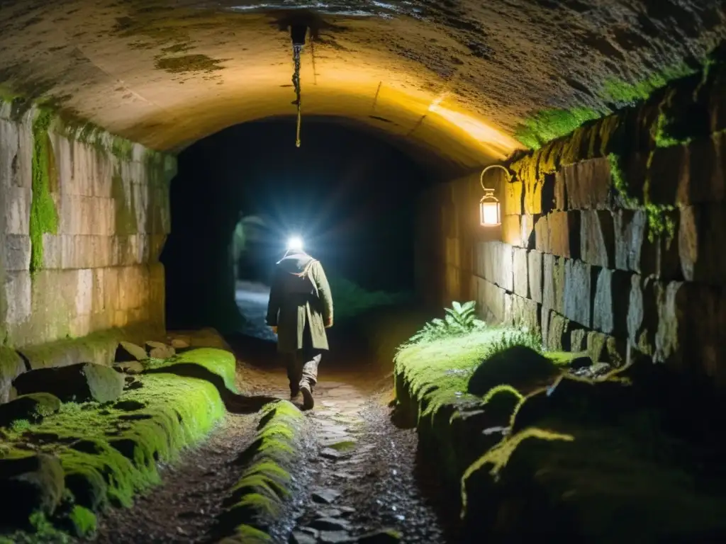 Explorador solitario con linterna en túnel subterráneo, evocando misterio y secretos