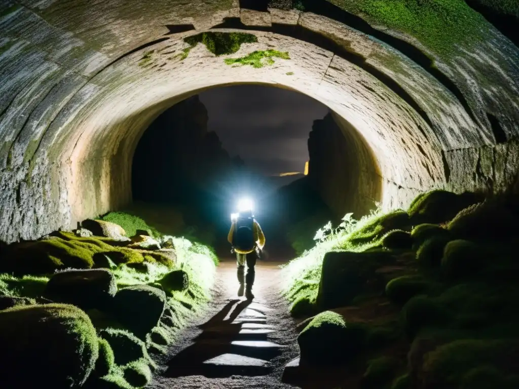 Explorador solitario con linterna en túnel antiguo, evocando misterio y descubrimiento en criptas históricas