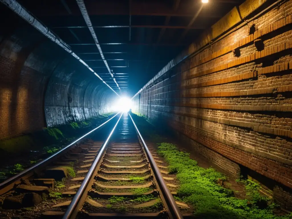 Explorador en solitario con linterna en un túnel subterráneo de Nueva York, evocando misterio en las redes subterráneas modernas de la ciudad