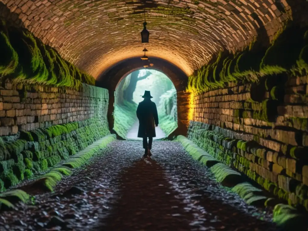 Un explorador solitario camina lentamente por el túnel subterráneo, iluminado por una tenue luz de linterna