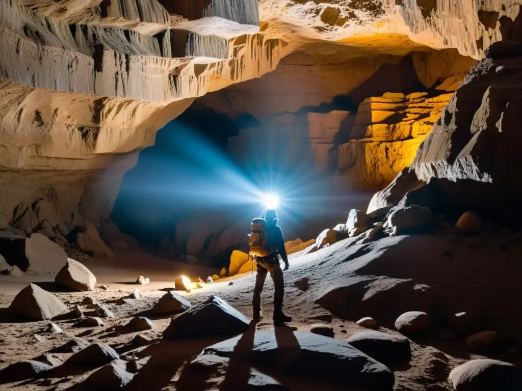 Explorador solitario en una vasta caverna subterránea, iluminado por la luz distante