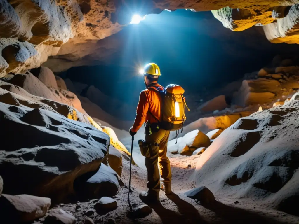 Explorador subterráneo con cámara adaptada ilumina cueva con detalle asombroso