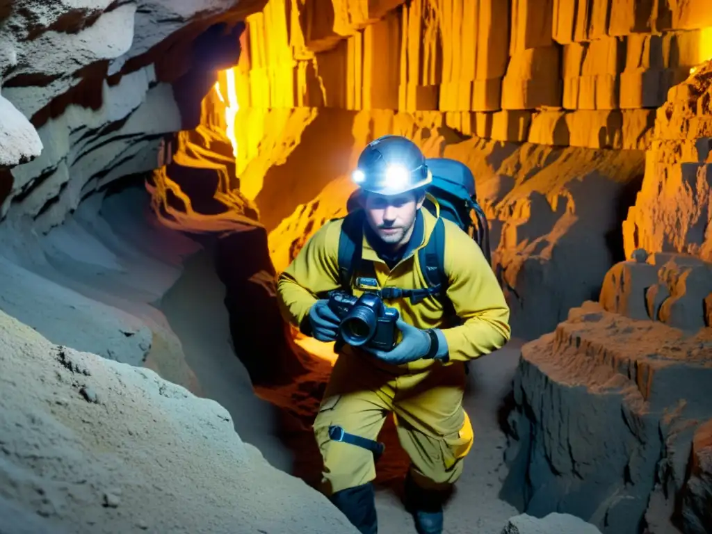 Explorador subterráneo con equipo fotográfico resistente capturando la belleza de la caverna