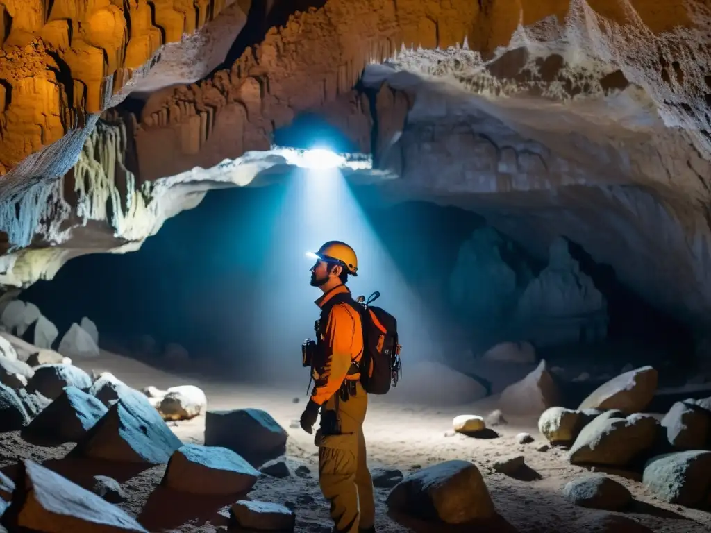 Explorador subterráneo con gafas adecuadas entornos subterráneos, iluminando cueva con estalactitas y estalagmitas