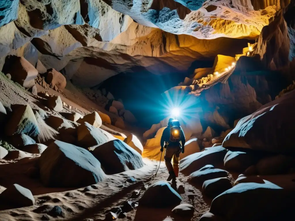 Explorador subterráneo iluminado por lámpara frontal en una cueva