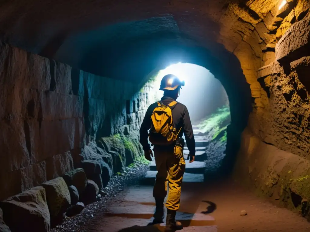 Explorador subterráneo iluminado por su lámpara, evocando emoción y misterio