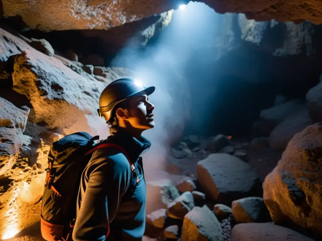 Explorador subterráneo con prendas térmicas para termorregulación, iluminando cuevas con luz de linterna