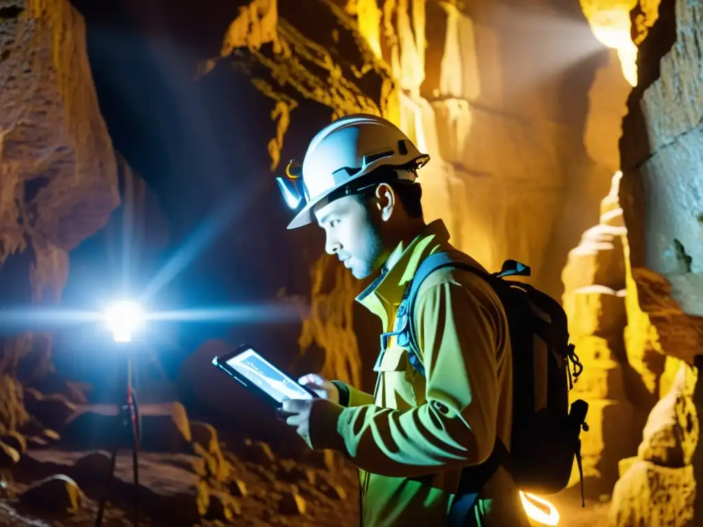 'Explorador subterráneo usando software de mapeo para exploradores subterráneos en un ambiente misterioso y lleno de aventura