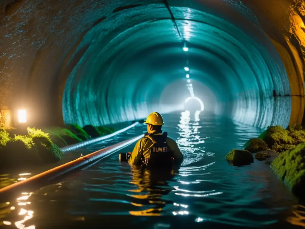 Un explorador navega un túnel inundado con equipamiento de flotación para túneles, iluminando la oscuridad con una linterna