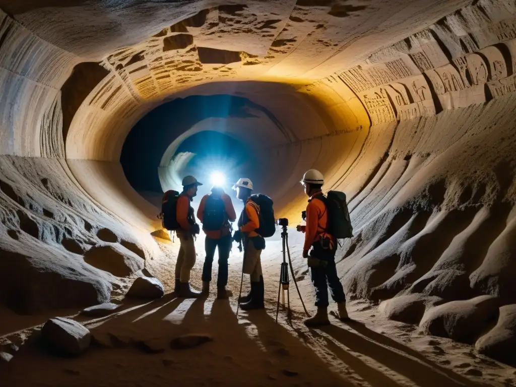 Exploradores documentando antiguo túnel subterráneo, respetando ambiente