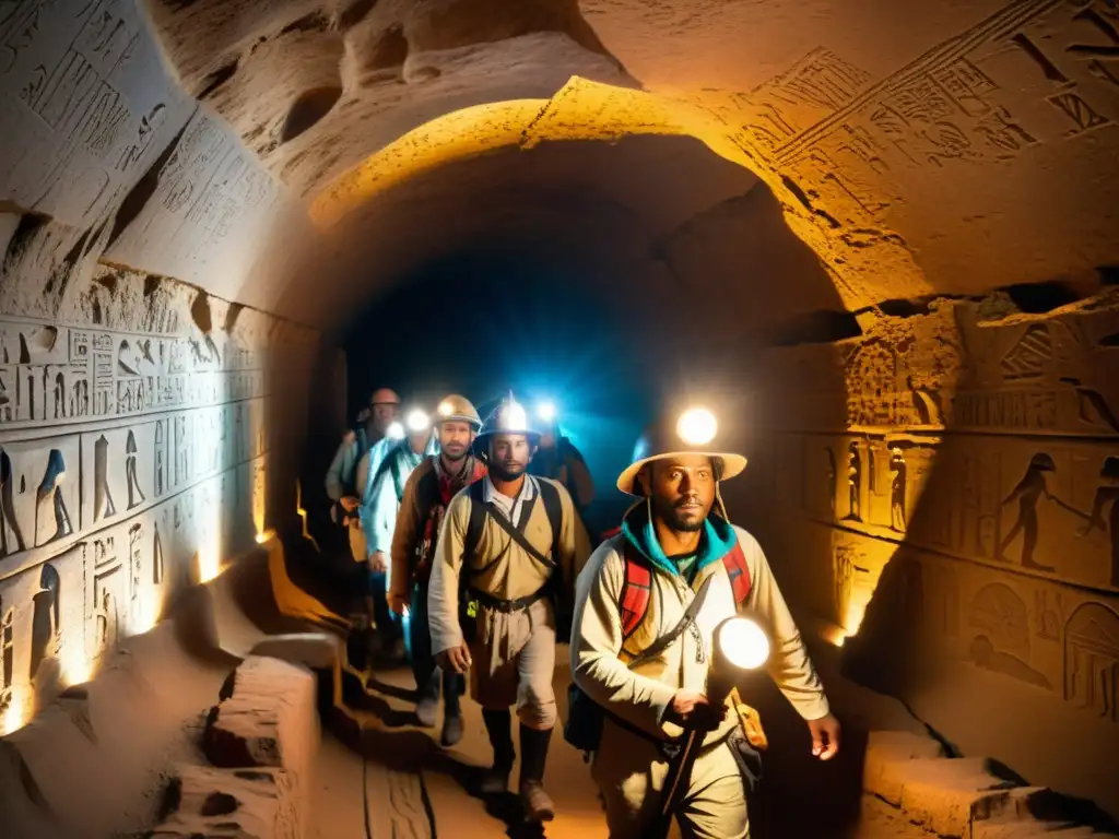 Exploradores descienden con valentía por un antiguo túnel egipcio iluminado por antorchas, lleno de jeroglíficos y misterio