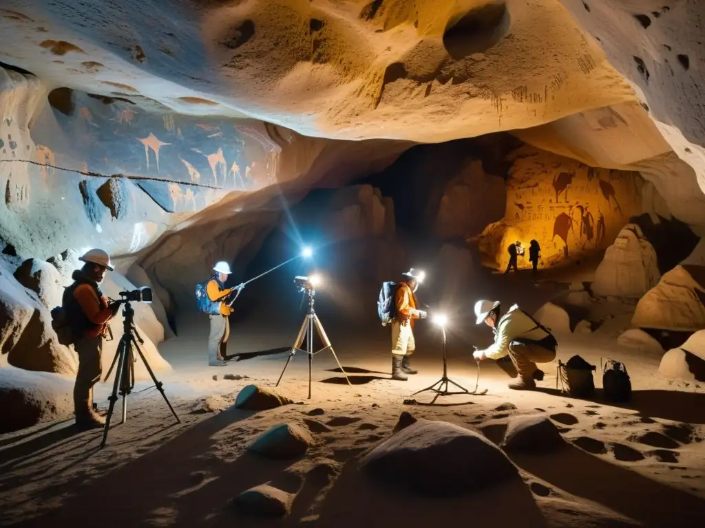 Exploradores documentando arte prehistórico en cueva subterránea, respetando normativas para exploración subterránea segura