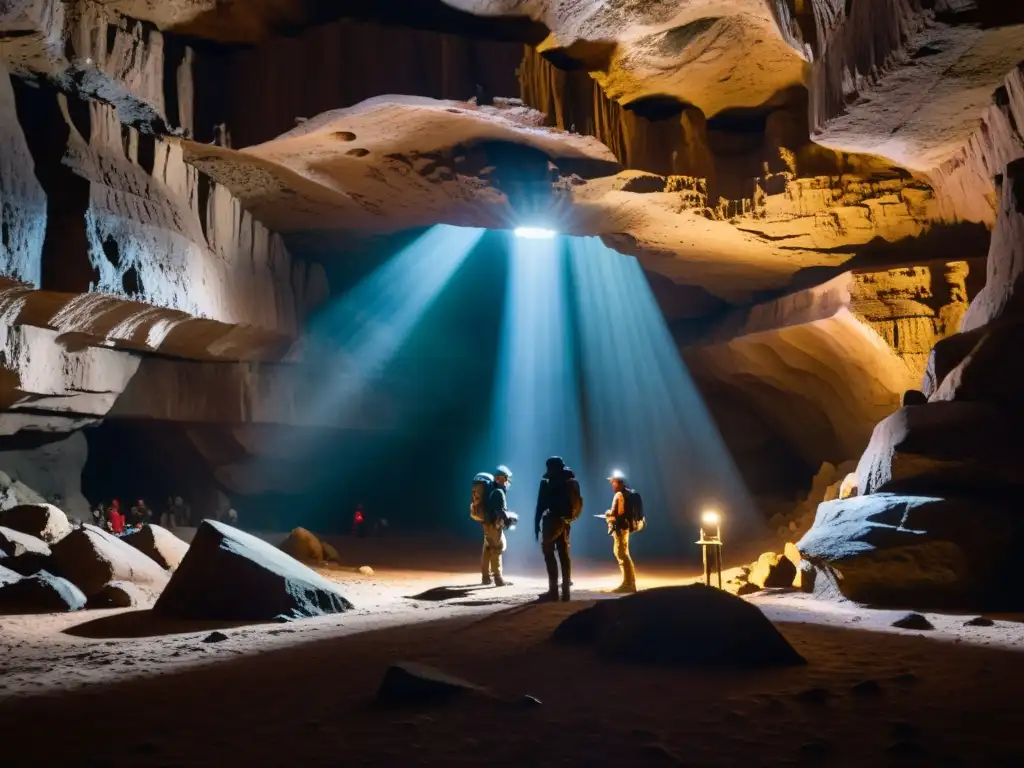 Exploradores asombrados por las maravillas subterráneas en una caverna misteriosa y etérea