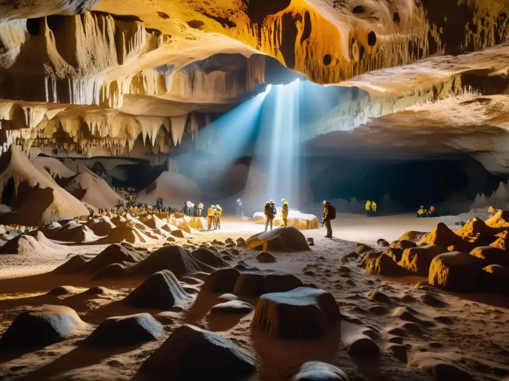 Exploradores asombrados exploran túneles históricos, iluminados por luz dorada en un majestuoso sistema de cuevas subterráneas