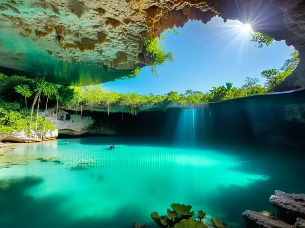 Exploradores disfrutan de una aventura subterránea en el Gran Acuífero Maya, buceando en el cristalino Gran Cenote de Tulum, México