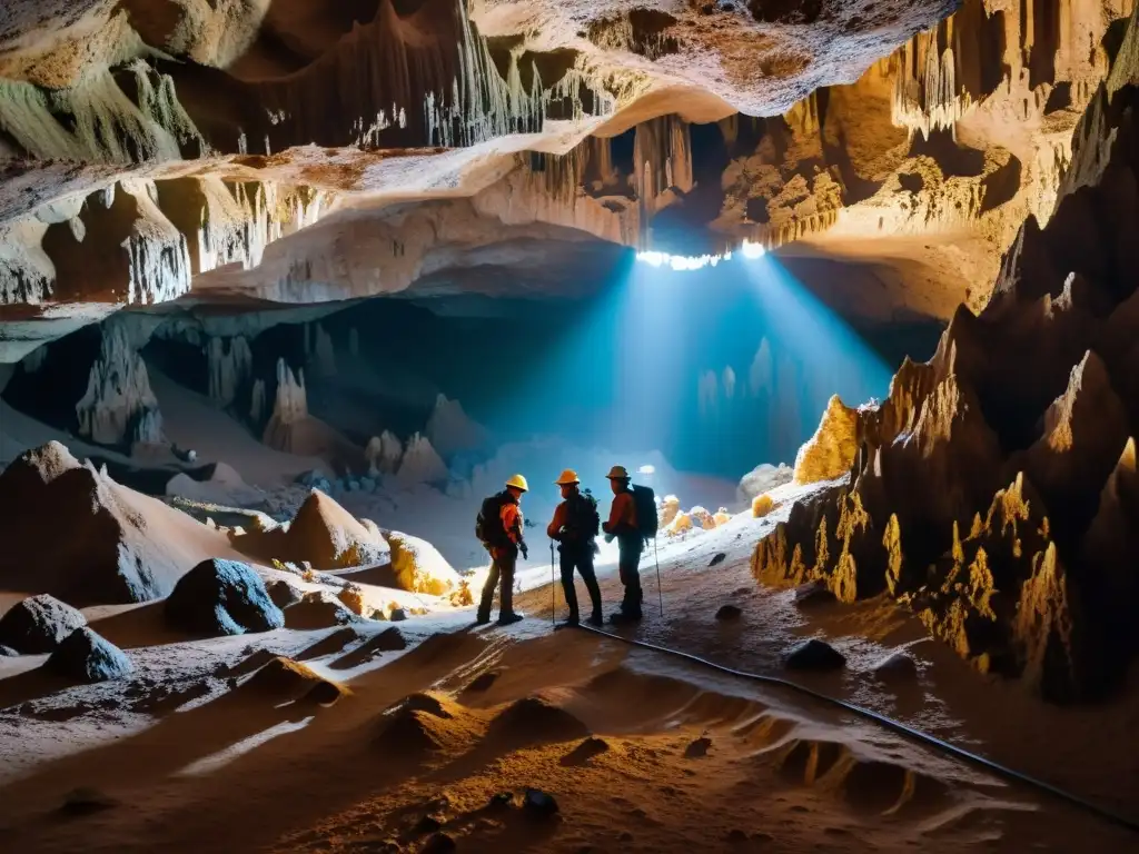 Exploradores admirando la belleza de una cueva subterránea, resaltando el potencial de proyectos turísticos subterráneos