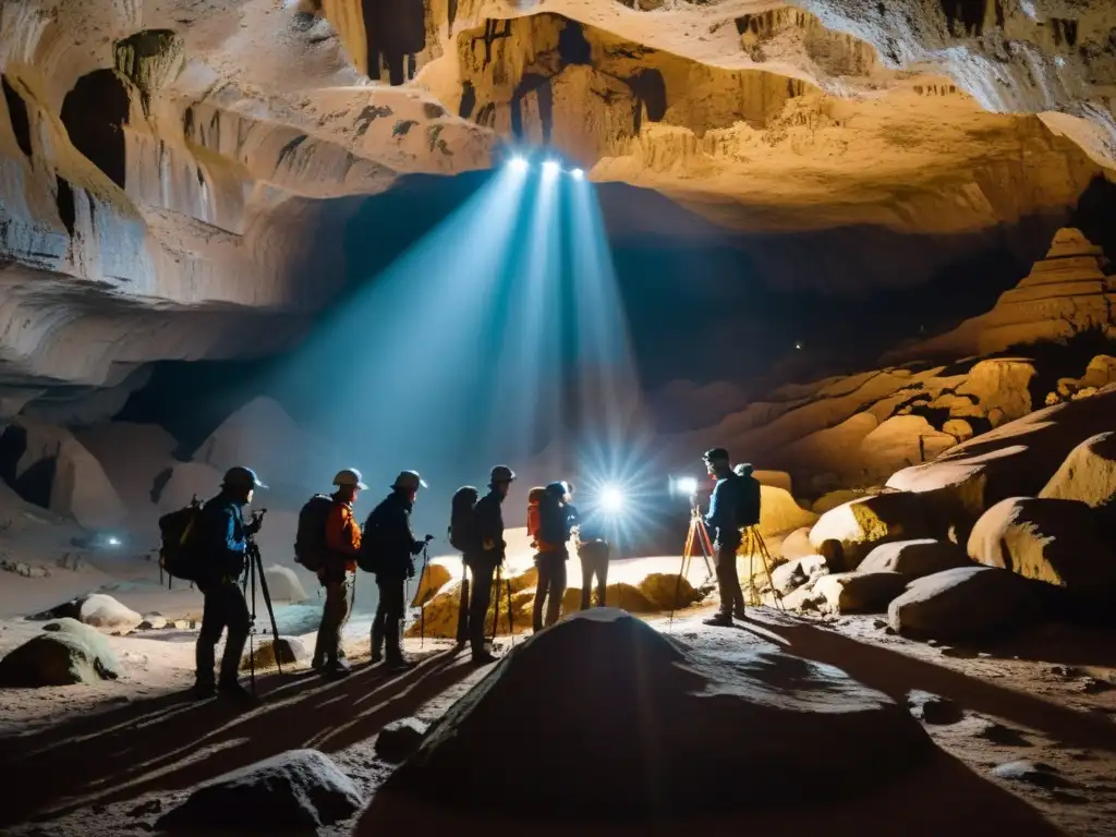 Exploradores capturando la belleza subterránea en una cueva