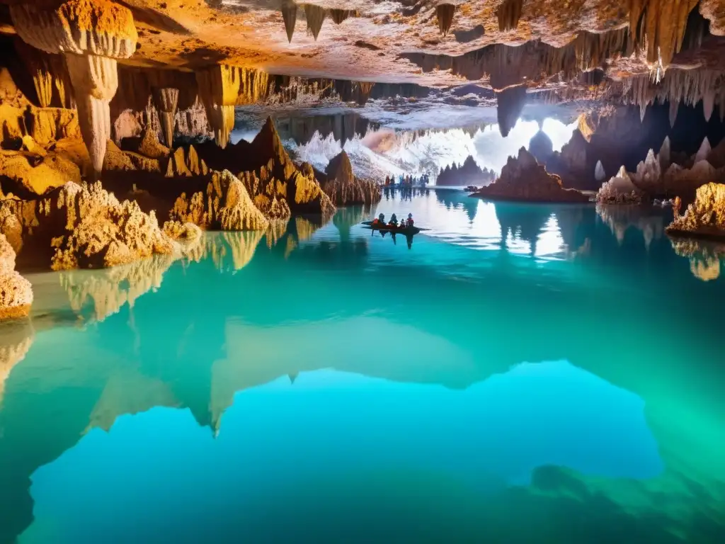 Exploradores admirando la belleza subterránea en una cueva, reflejando el desarrollo sostenible en turismo subterráneo