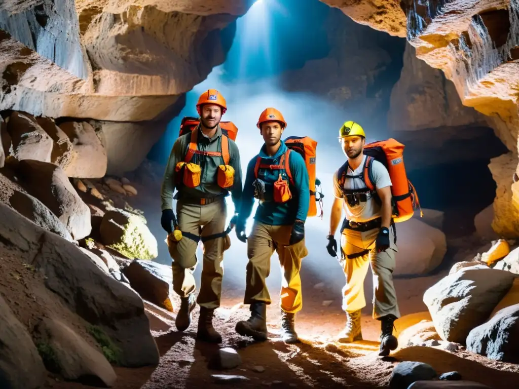 Exploradores con botas especializadas para terrenos subterráneos navegando con determinación en una cueva iluminada por lámparas frontales