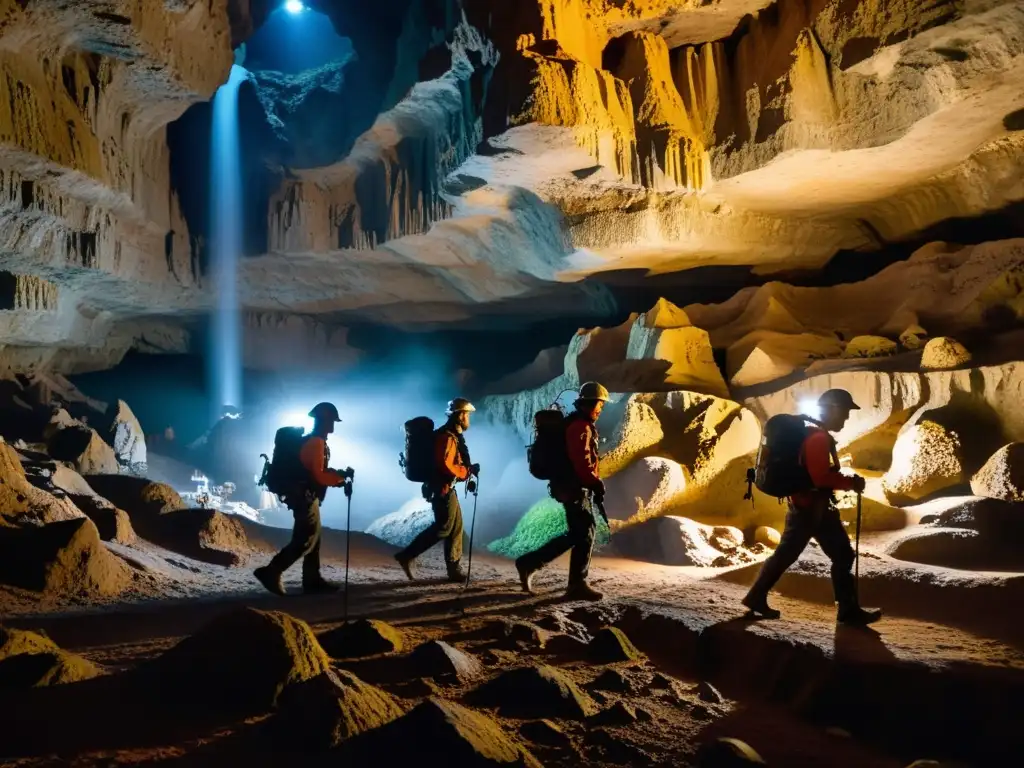 Exploradores con cámaras de video exploran una cueva llena de estalactitas y estalagmitas, capturando su belleza subterránea