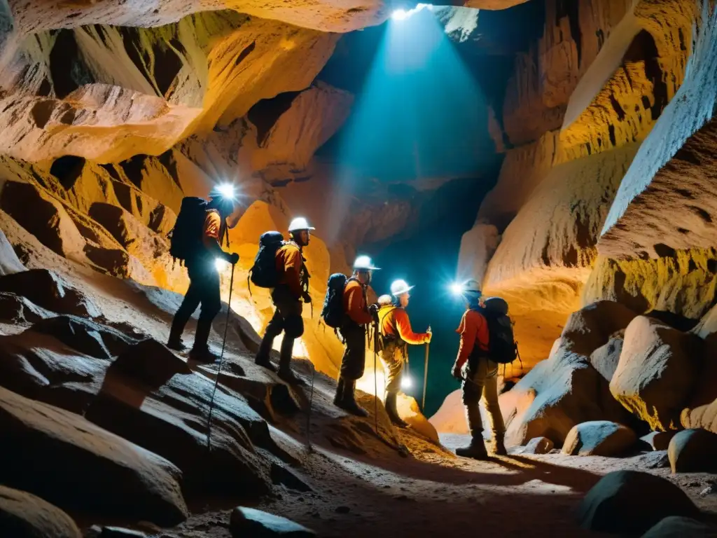 Exploradores con headlamps y cascos en una cueva subterránea, descubriendo formaciones minerales