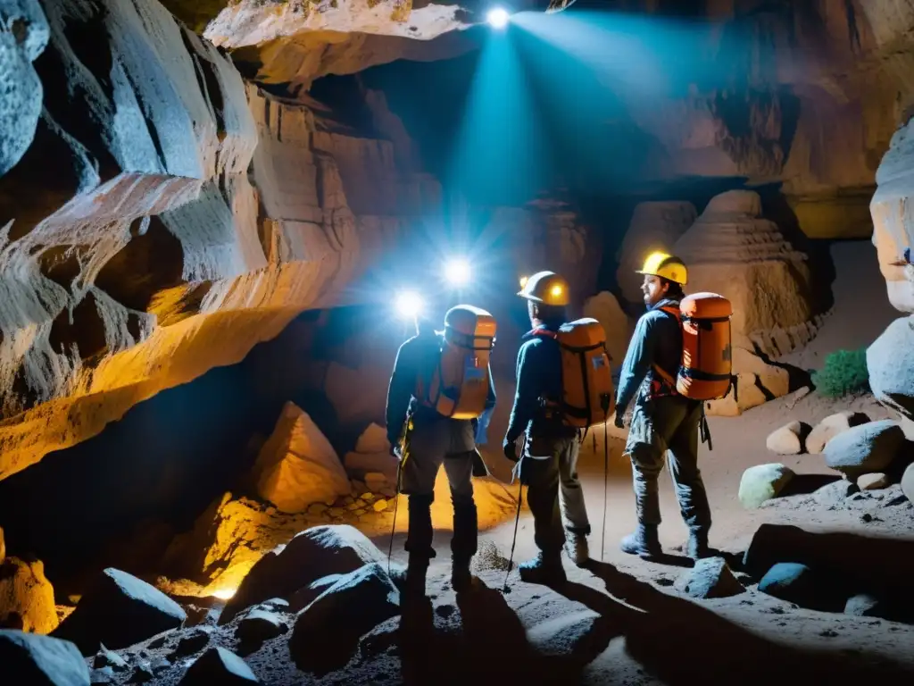 Exploradores con cascos de espeleología de alta calidad iluminando cueva oscura con determinación