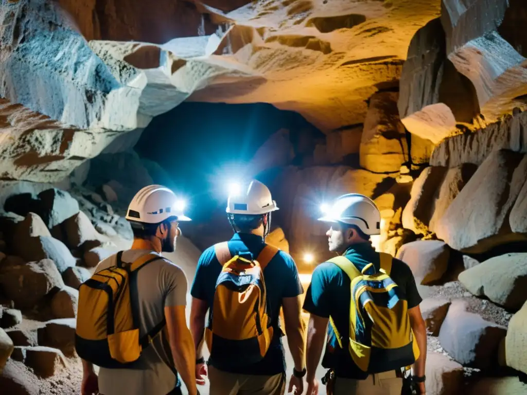 Exploradores con cascos de espeleología de alta calidad iluminando un antiguo túnel con formaciones rocosas