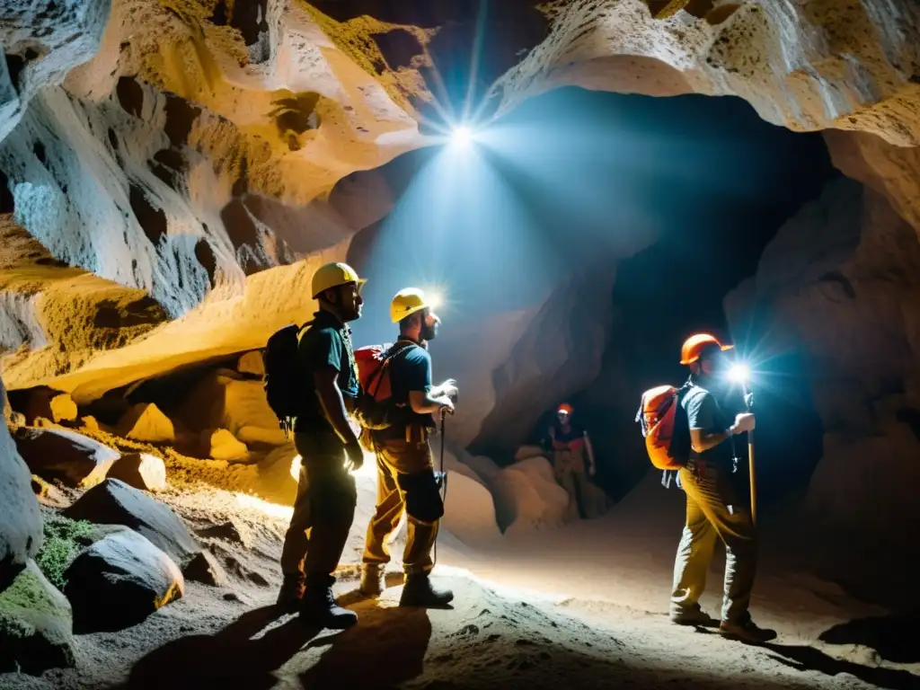 Exploradores con cascos de espeleología de alta calidad, iluminando una cueva subterránea con formaciones minerales, transmitiendo emoción y tensión