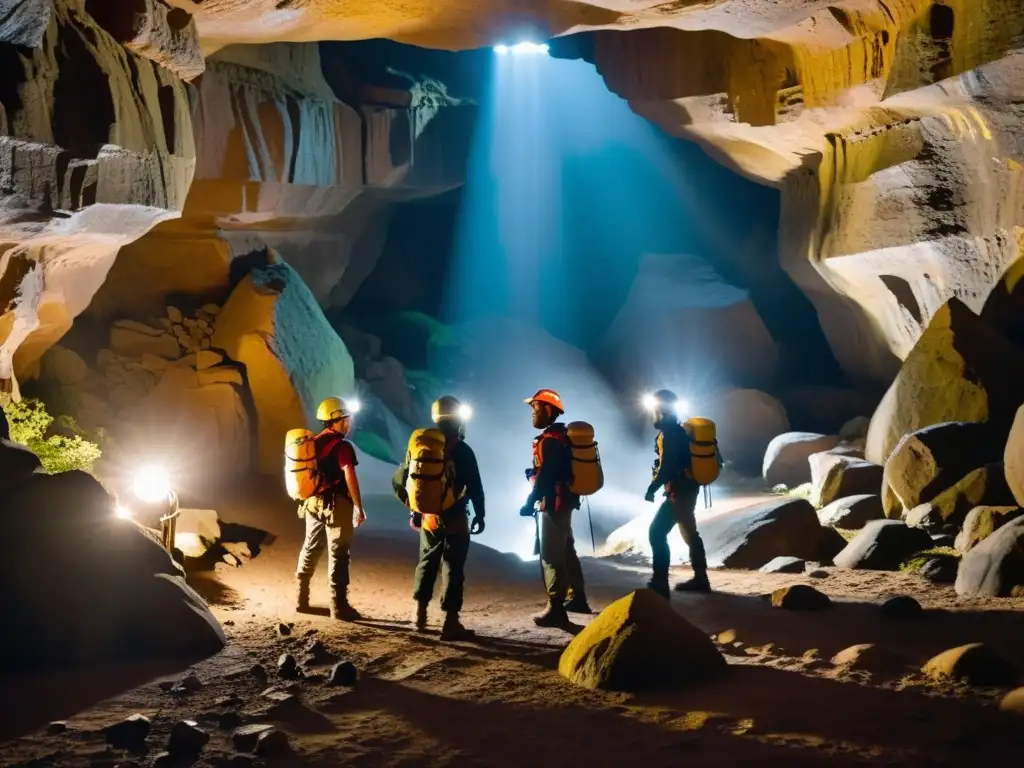 Exploradores con cascos de espeleología de alta calidad iluminan una misteriosa y asombrosa cueva subterránea