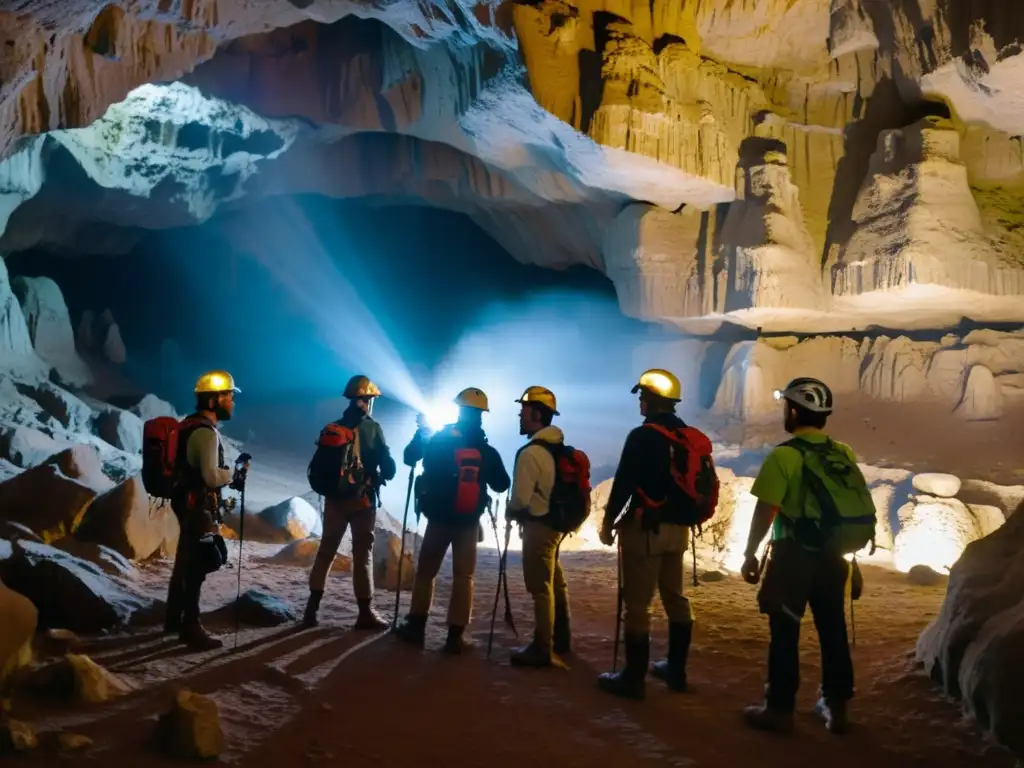 Exploradores con cascos y linternas en una cueva subterránea con formaciones rocosas